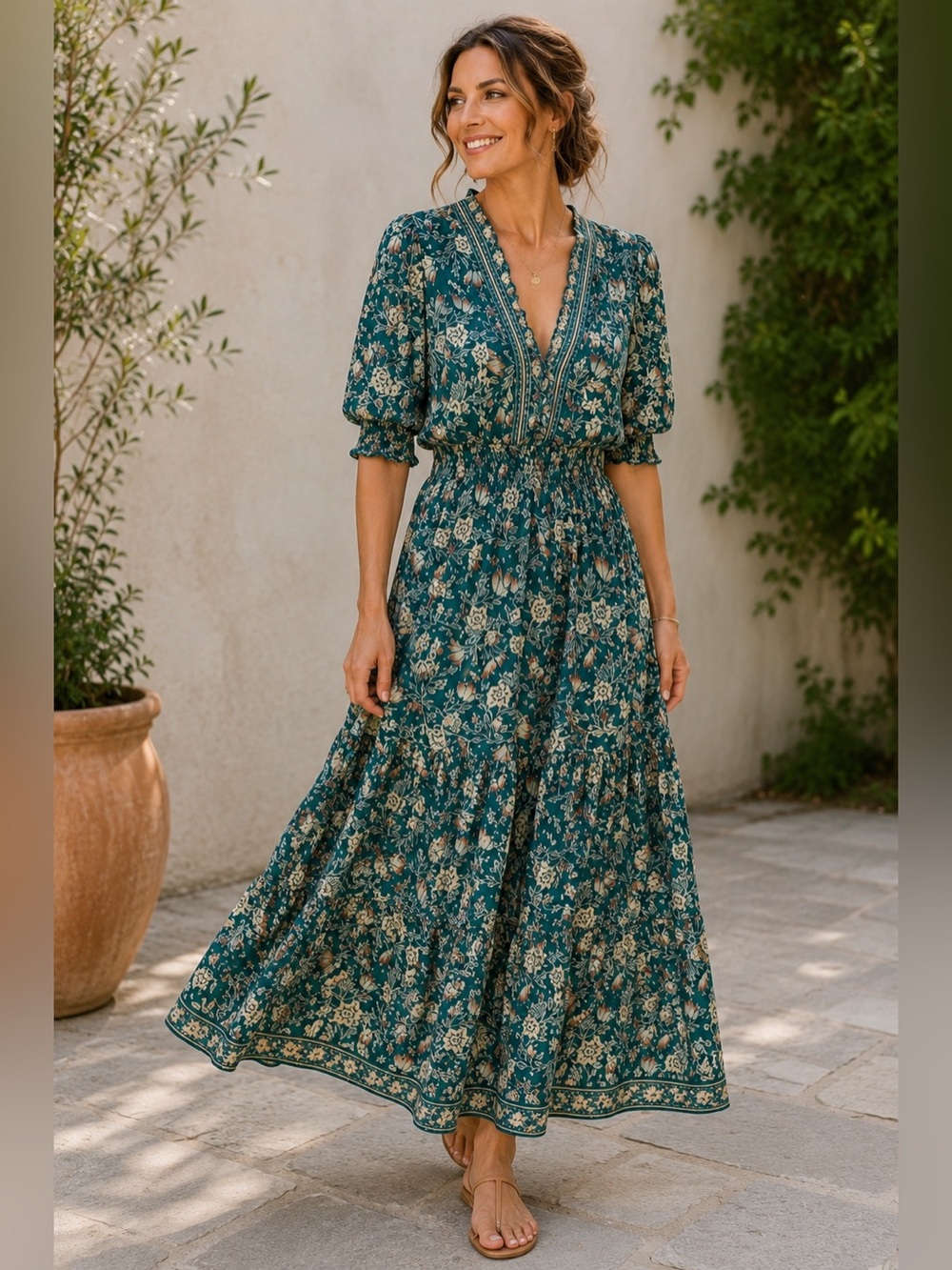 Max Studio Emerald Floral Maxi Dress Prairie Cottagecore Peasant Sleeve Size L